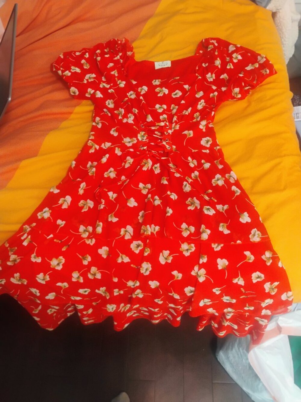 Red dress with white/beige flowers
